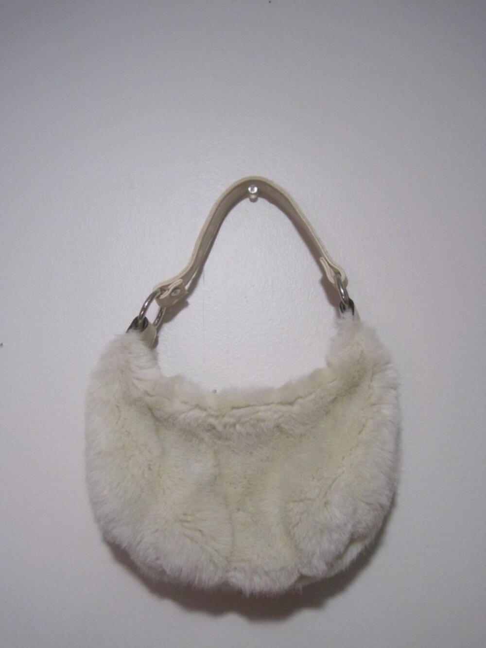 Limited Too Cream Faux Fur Leather Handle Strap Zipper Closure Small Purse Bag
